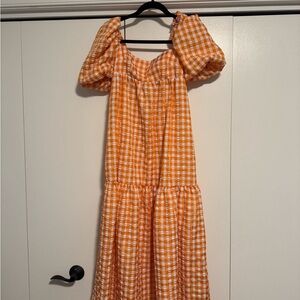 Orange Gingham Puff Sleeve Dress